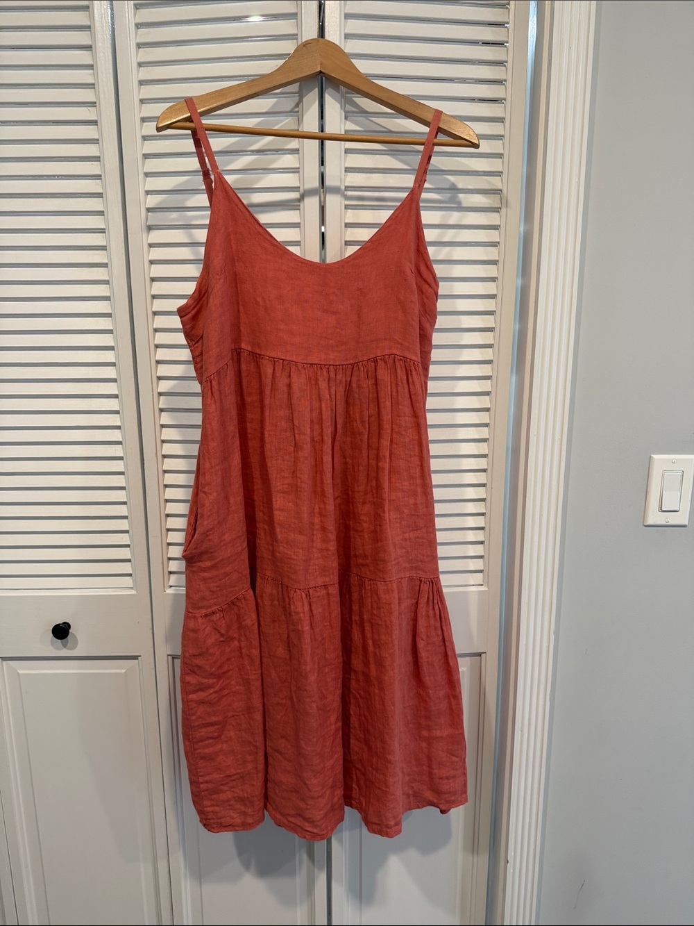 NWT Dark Coral Tiered Midi Linen Dress with Spaghetti Straps (and Pockets!)